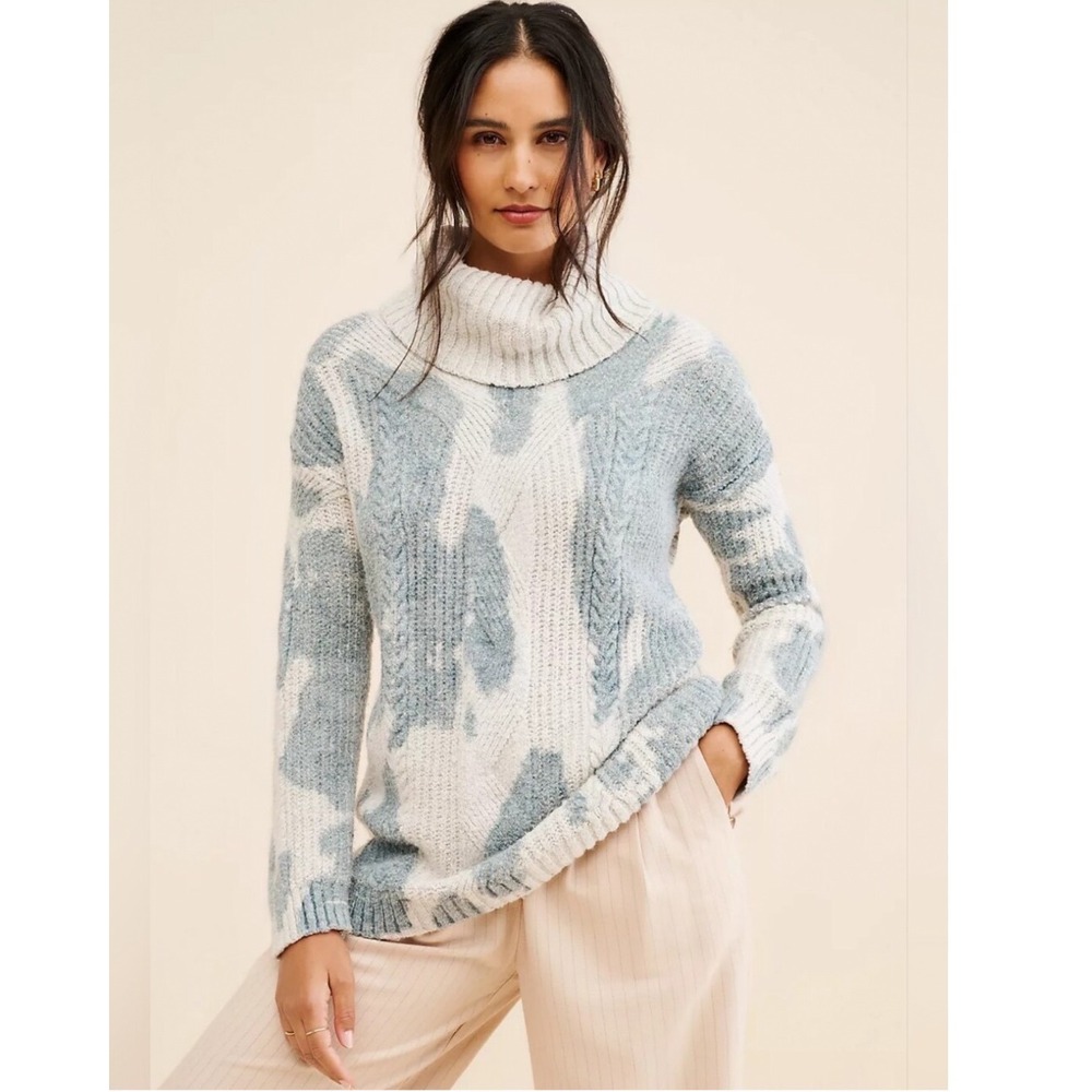 Pilcro Anthropologie Blue Cream Abstract Cable Knit Turtleneck Sweater Medium - Picture 2 of 9